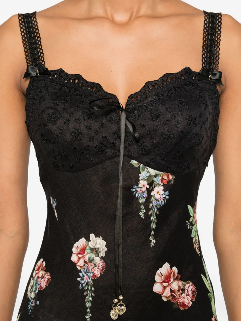 lace-trimmed floral-print midi dress