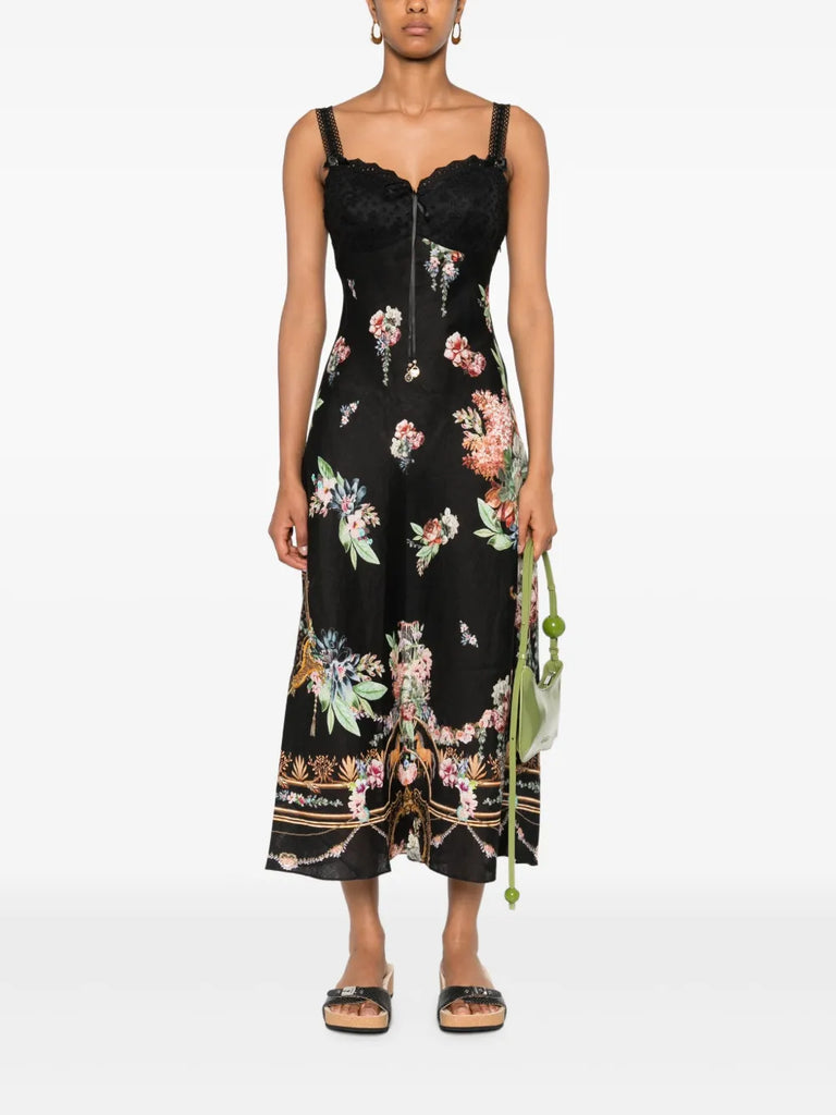 lace-trimmed floral-print midi dress