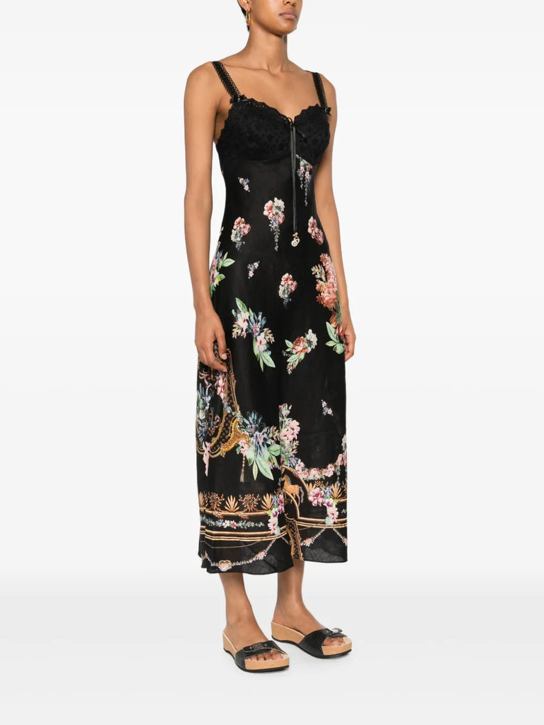 lace-trimmed floral-print midi dress