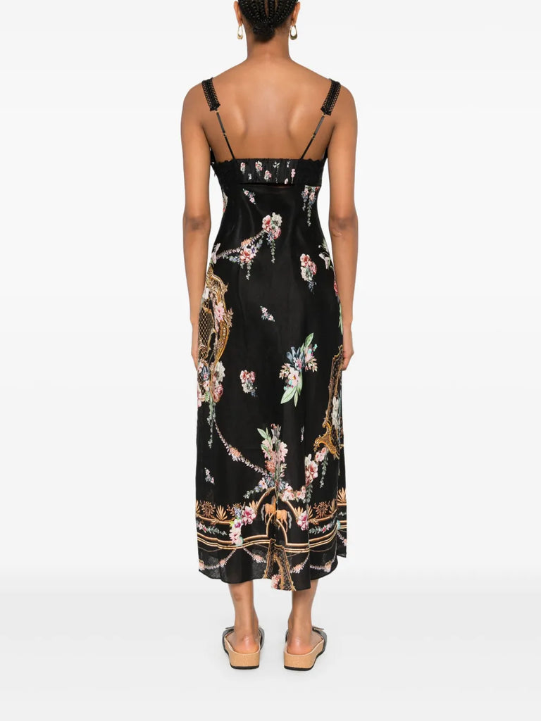lace-trimmed floral-print midi dress