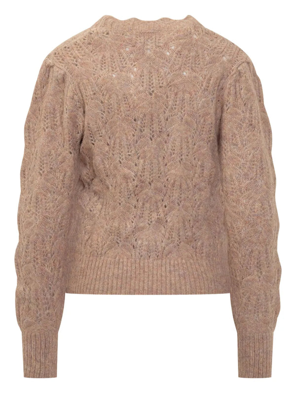 puff-sleeve open-knit sweater