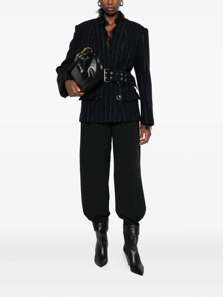 pinstripe belted blazer