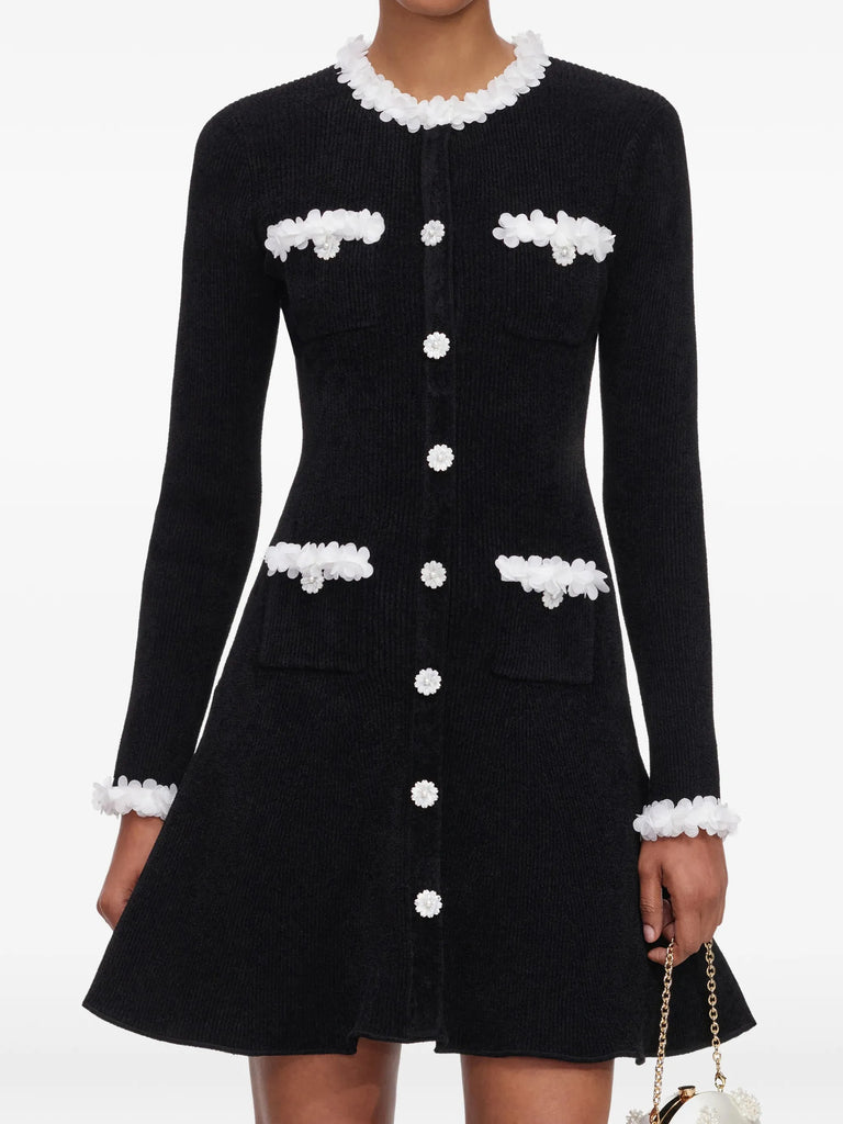 black chenille knit flower-trim mini dress