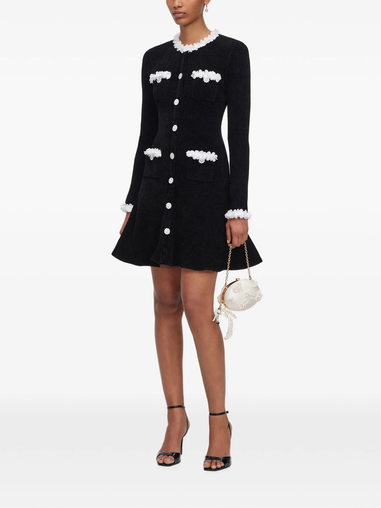 black chenille knit flower-trim mini dress