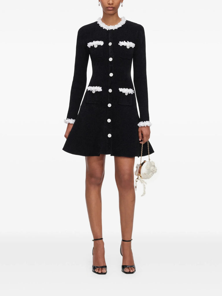 black chenille knit flower-trim mini dress