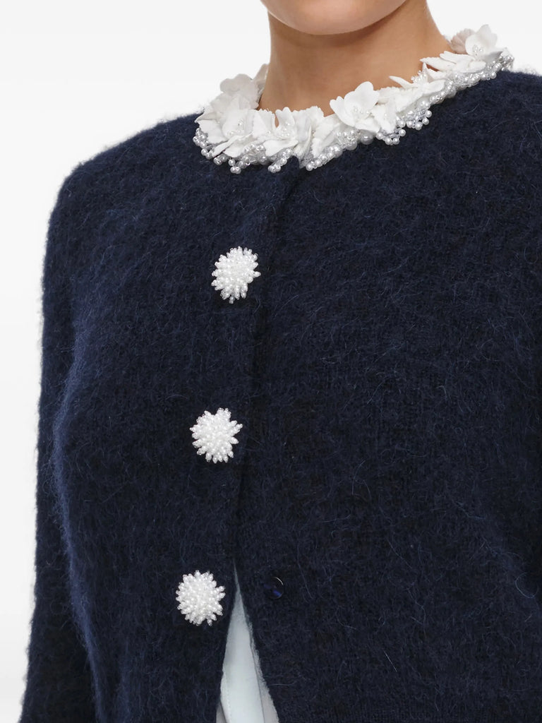 navy flower pearl-trim knit jumper