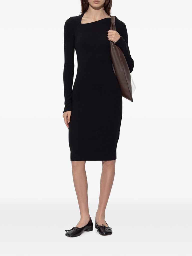 asymmetric-neck long-sleeve midi dress