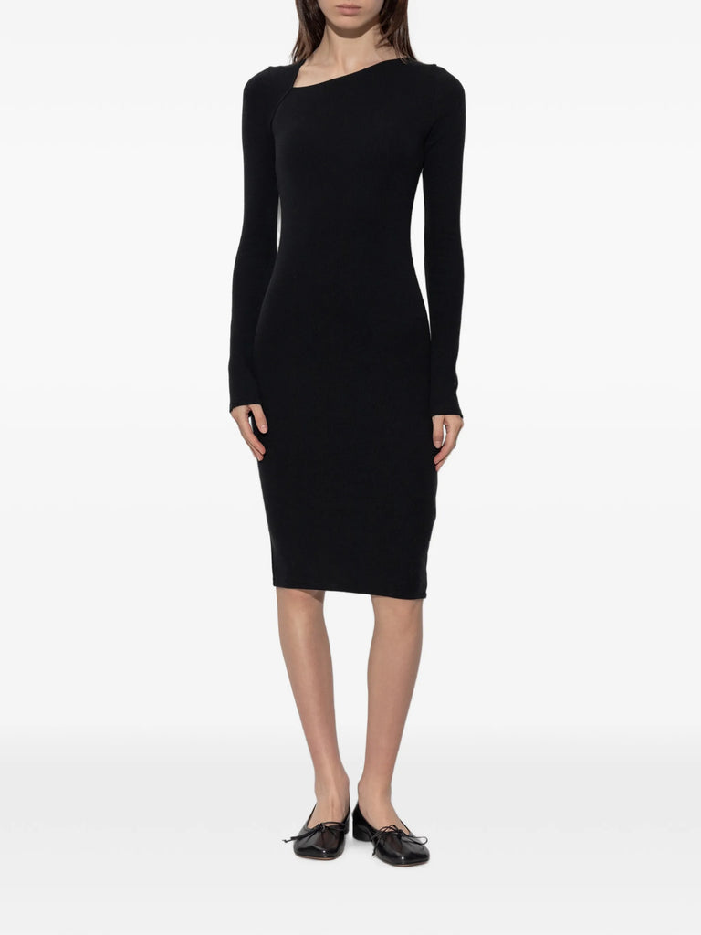asymmetric-neck long-sleeve midi dress