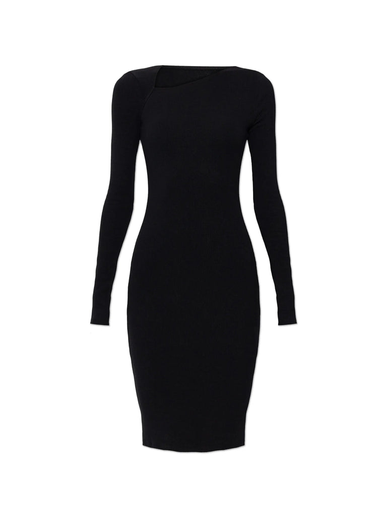 asymmetric-neck long-sleeve midi dress