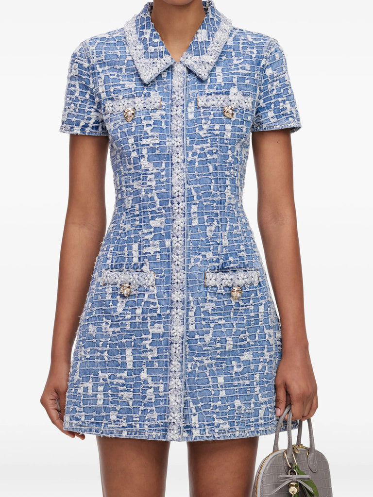 blue collared textured denim mini dress