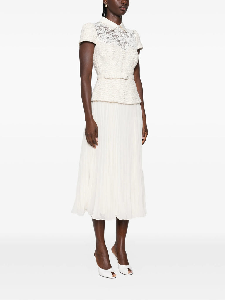 lace-panelled pleated midi dress