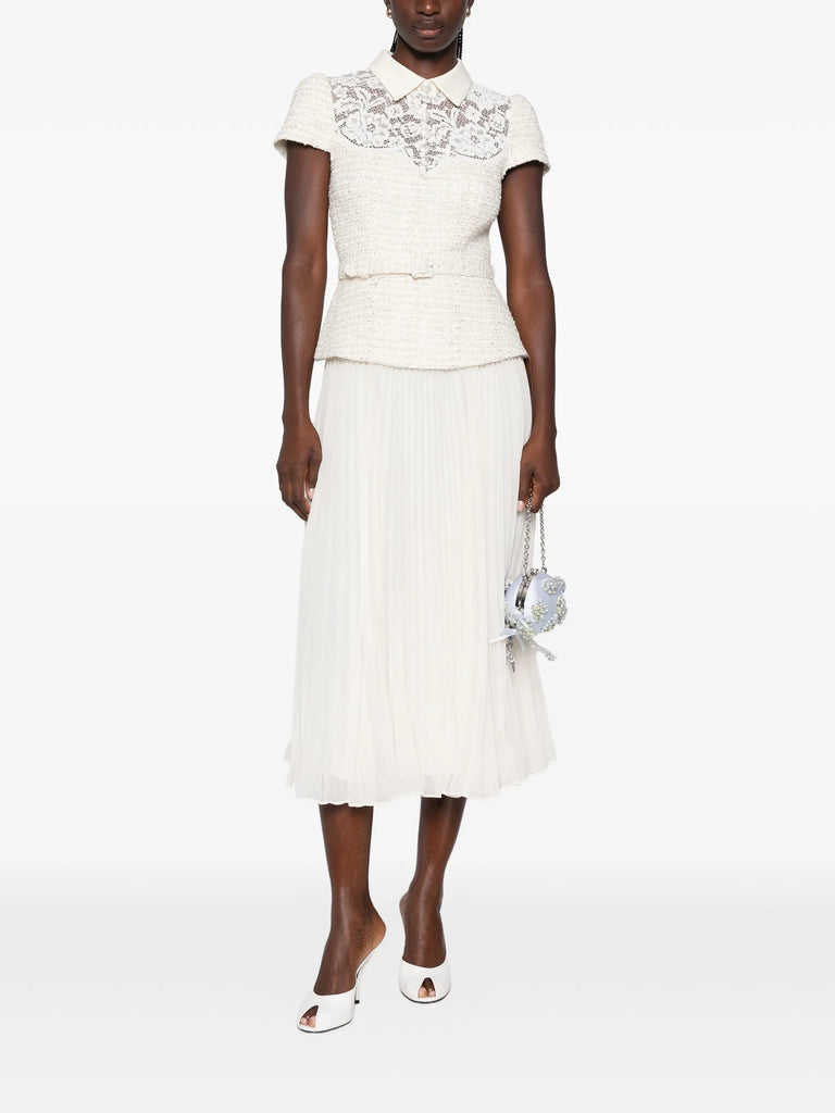 lace-panelled pleated midi dress