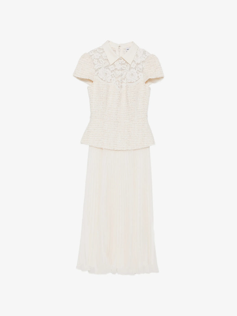lace-panelled pleated midi dress