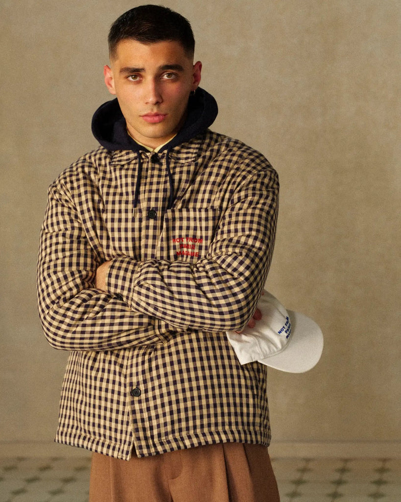 gingham-check slogan-print cotton overshirt