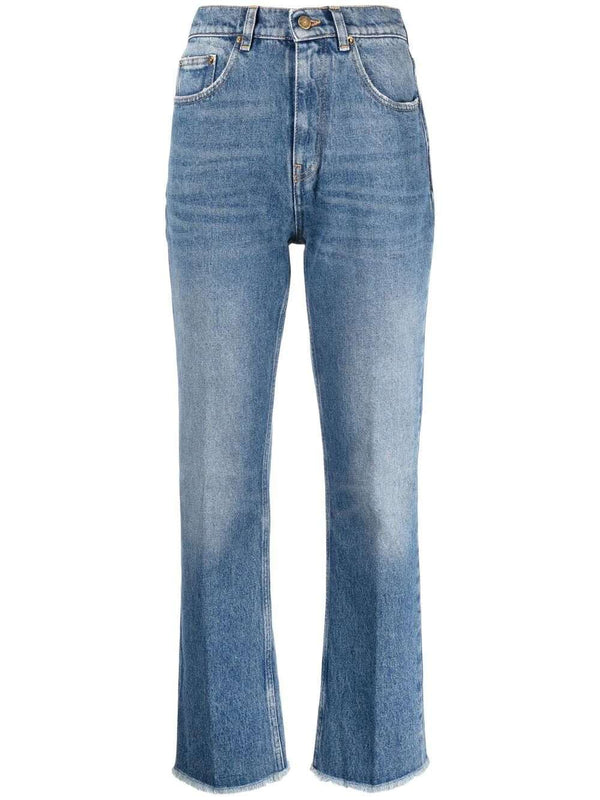 Укороченные джинсы из потертого денима